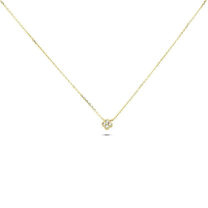 The Nessa NECKLACE in gold, a small clover-shaped cluster of clear cubic zirconia stones on a fine chain, shown flat.