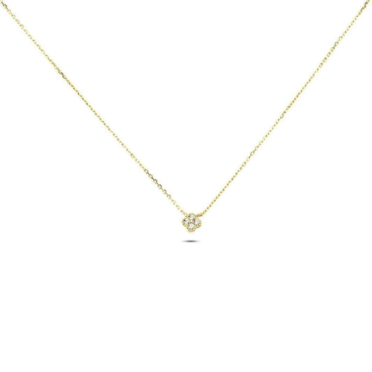 The Nessa NECKLACE in gold, a small clover-shaped cluster of clear cubic zirconia stones on a fine chain, shown flat.