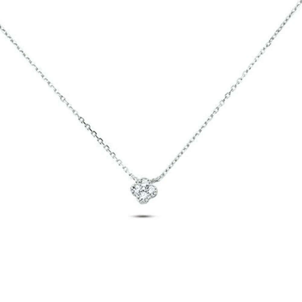 The Nessa NECKLACE in silver, a small clover-shaped cluster of clear cubic zirconia stones on a fine chain, shown flat.