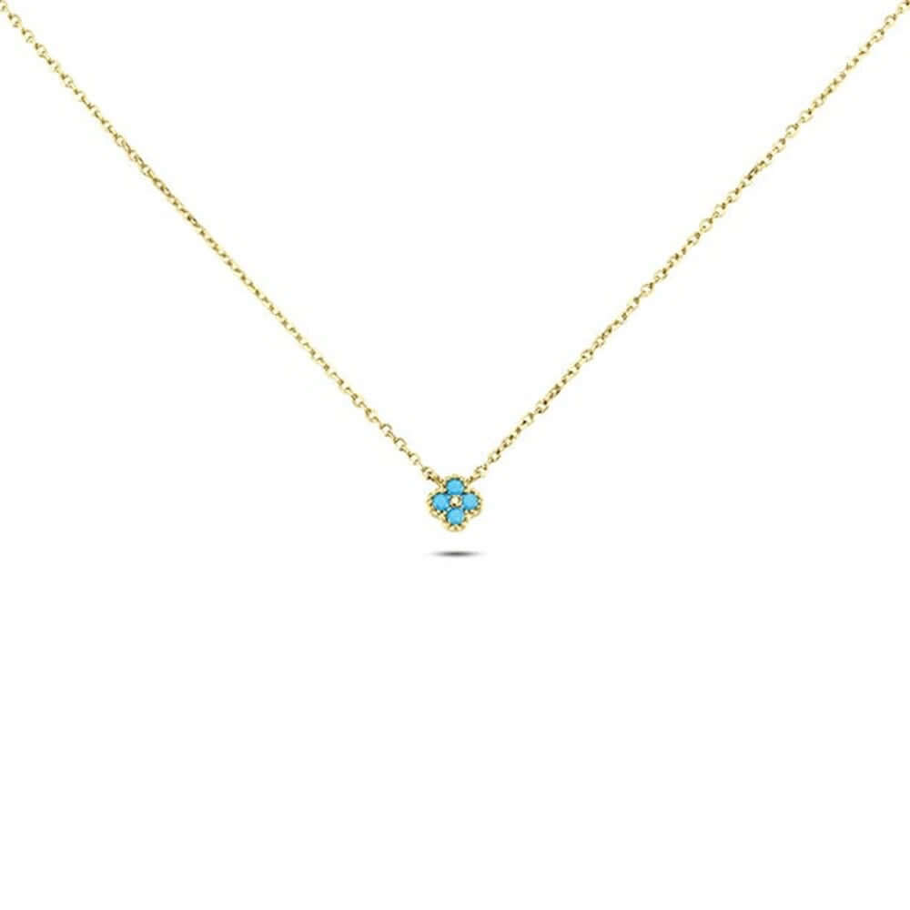 The Nessa NECKLACE in gold with turquoise stones, a small clover-shaped cluster pendant on a fine chain, shown flat.