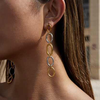 Worn outdoors, the No Apologies EARRINGS catch the light along their gold and silver oval link chain.