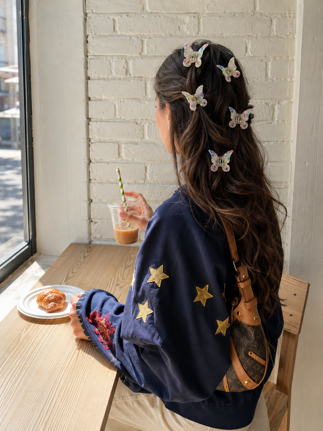 Papillon HAIR CLIP worn in brown hair, model seen from behind at a wooden table in a navy star-print bomber jacket.