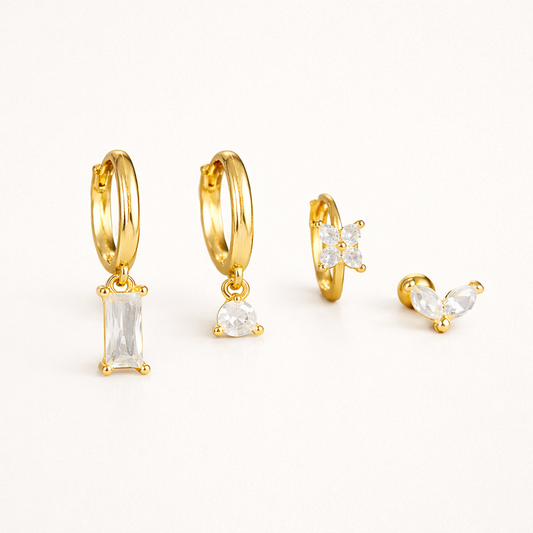 Perfect Earparty SET pairs a baguette-stone hoop, teardrop hoop, clover-stone hoop, and marquise stud in gold.