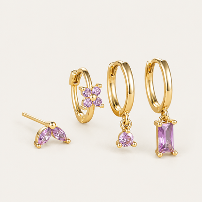 Perfect Earparty SET in gold with lilac stones: marquise stud, flower huggie, round drop hoop and baguette drop hoop