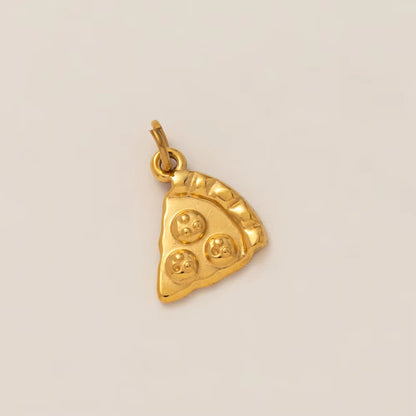 The Pizza Slice CHARM in gold, a textured pizza slice pendant with pepperoni details, shown in close-up studio photography.