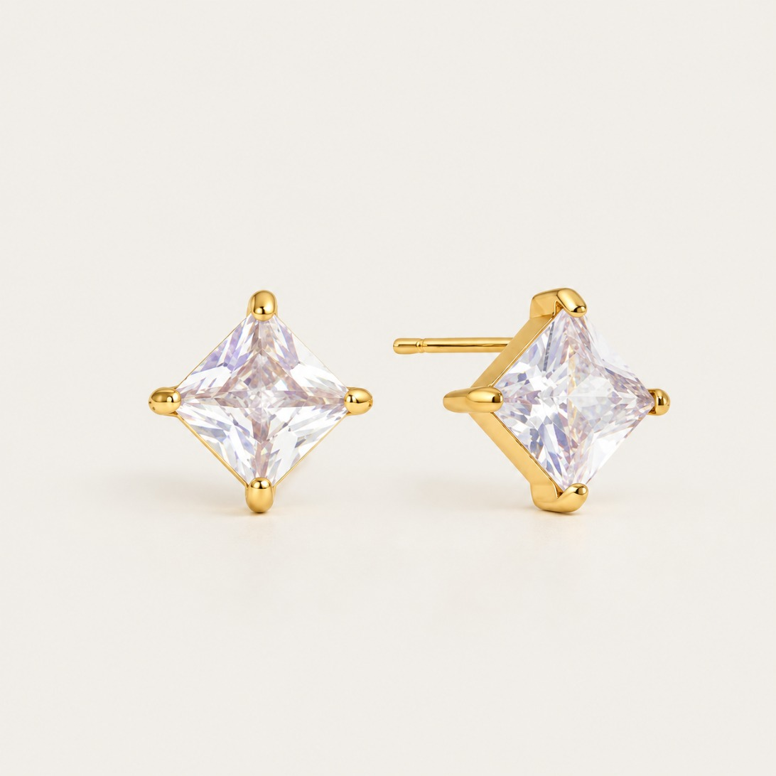 Gold Quadra EARRINGS: square-cut white zirconia studs in a four-prong gold setting — Folie à Trois wholesale jewelry