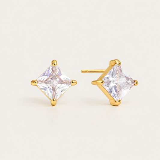 Gold Quadra EARRINGS: square-cut white zirconia studs in a four-prong gold setting — Folie à Trois wholesale jewelry