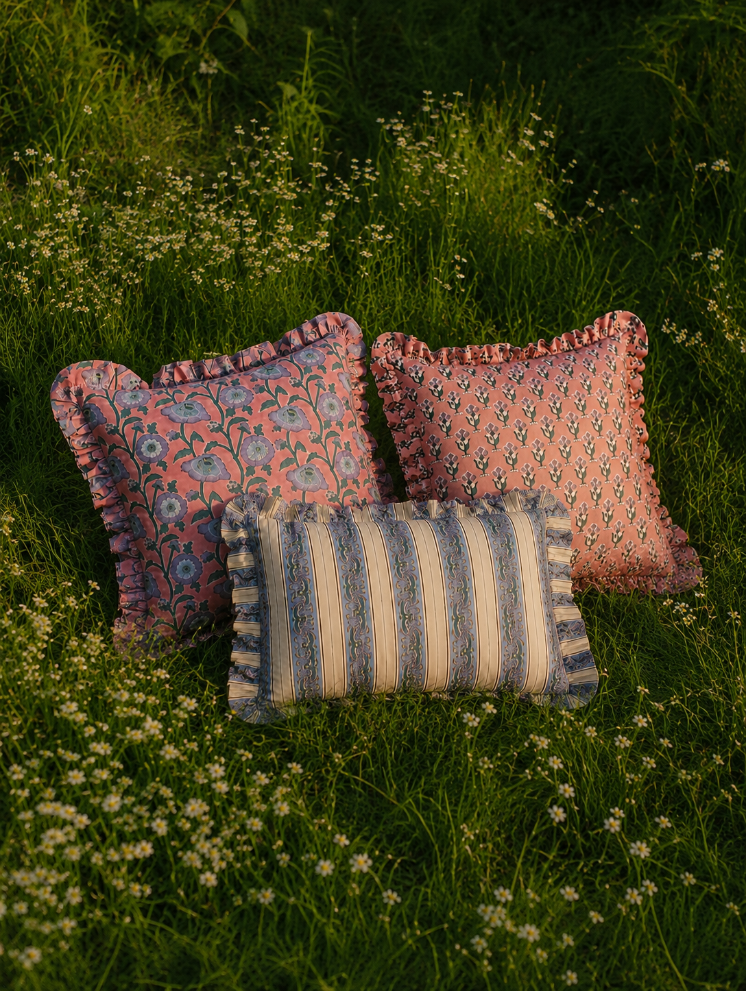 Three ruffled floral and striped cushions from the Razia, Yavi and Taj collection sit in tall grass with white wildflowers at golden hour.