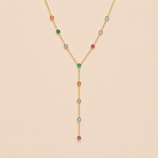 Gold Riva Y NECKLACE with multicolor gemstone stations in orange, green, purple and pink, drawn into a long lariat drop.