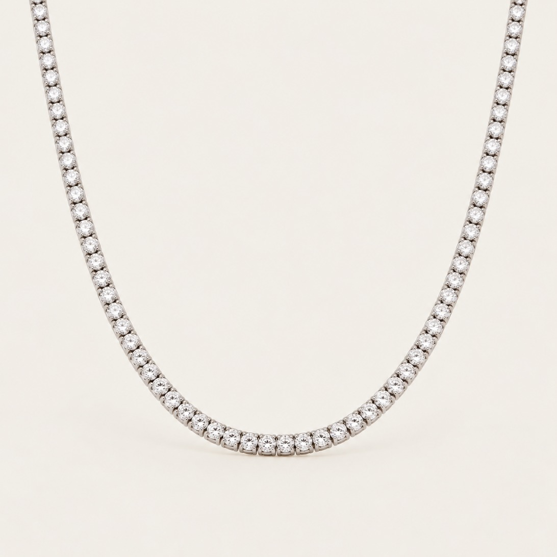 Silver-tone Rivière NECKLACE: a classic tennis necklace lined with sparkling round white zirconia stones — Folie à Trois