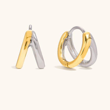 Roadtrip Earrings in mixed gold and silver, a triangular stud and a double-band huggie hoop, shown from front and side.