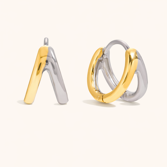 Roadtrip Earrings in mixed gold and silver, a triangular stud and a double-band huggie hoop, shown from front and side.