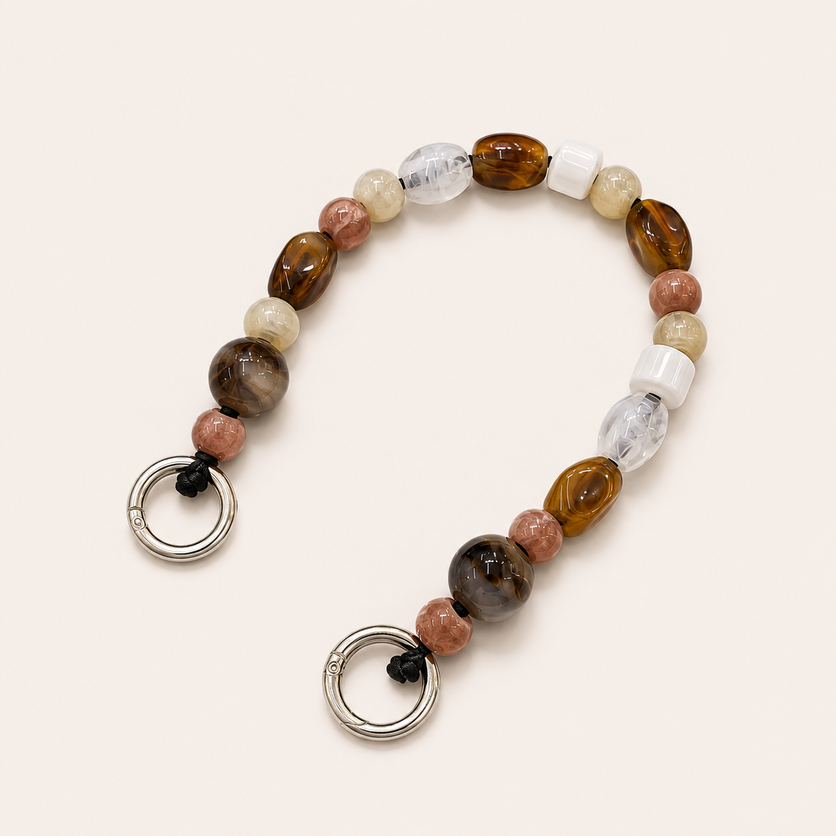 Mixed bead phone chain with brown tiger's eye, cream, and clear beads and silver clasps — Folie à Trois Rosalind wholesale phone chain