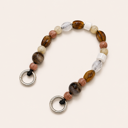 Mixed bead phone chain with brown tiger's eye, cream, and clear beads and silver clasps — Folie à Trois Rosalind wholesale phone chain