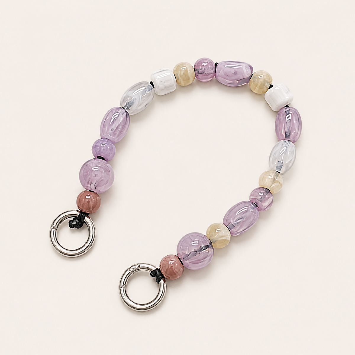Mixed bead phone chain with lilac, cream, and clear beads and silver spring-ring clasps — Folie à Trois Rosalind wholesale phone chain
