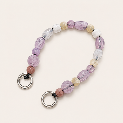 Mixed bead phone chain with lilac, cream, and clear beads and silver spring-ring clasps — Folie à Trois Rosalind wholesale phone chain