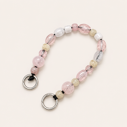 Mixed bead phone chain with pink, cream, and clear beads and silver spring-ring clasps — Folie à Trois Rosalind wholesale phone chain