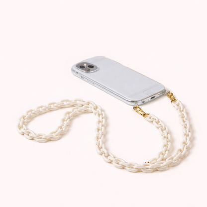 Route Long Phone Chain in a cream acrylic chunky chain, clipped to a clear phone case with gold hardware.