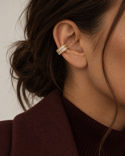 Gold pavé ear cuff with a crystal grid pattern worn on a model's ear — Folie à Trois Sabine EAR CUFF.