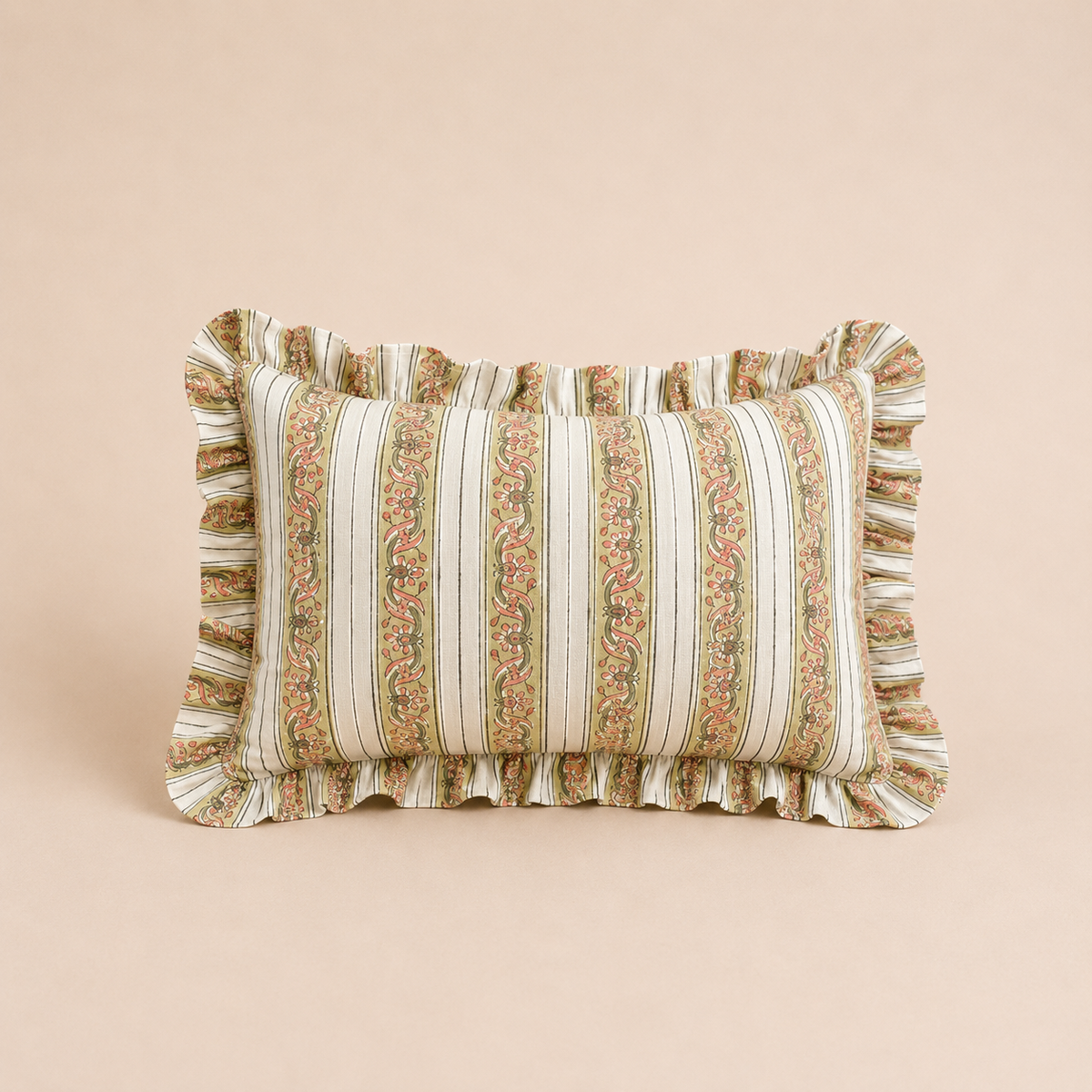 Sage Stripe Rectangle cushion with cream and olive vertical stripes accented by a delicate floral vine print and a soft ruffled edge.