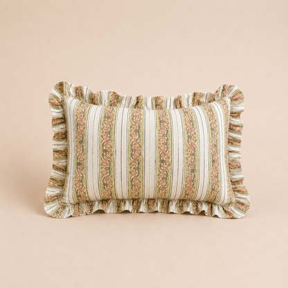 Sage Stripe Rectangle cushion with cream and olive vertical stripes accented by a delicate floral vine print and a soft ruffled edge.