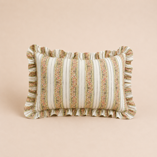 Sage Stripe Rectangle cushion with cream and olive vertical stripes accented by a delicate floral vine print and a soft ruffled edge.