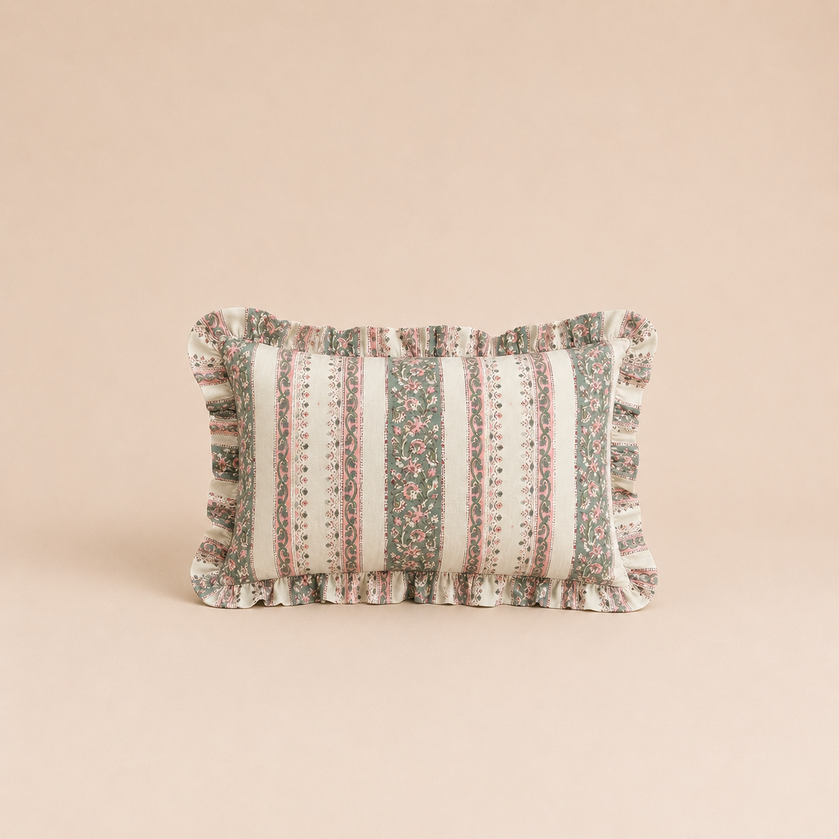 Green and cream striped lumbar cushion with a floral vine pattern in pink and green and a ruffled edge, the Sanya Green Rectangle Cushion.