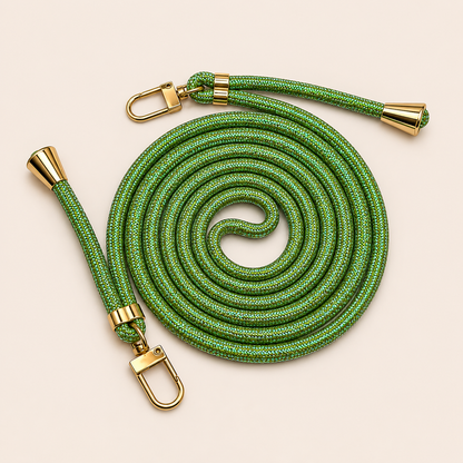 Green Shimmery PHONE CORD with a metallic sheen, coiled with gold hardware, shown as a flat lay.