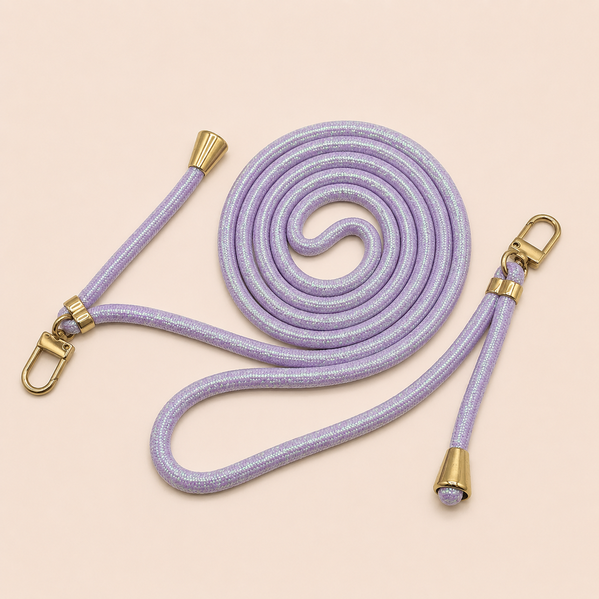 Lavender Shimmery PHONE CORD with a metallic sheen, coiled with gold hardware, shown as a flat lay.
