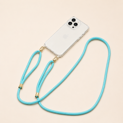 Clear phone case with a light blue Shimmery PHONE CORD attached, shown as a flat lay.