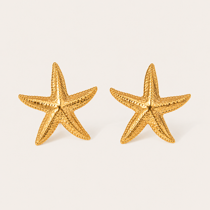 Gold textured starfish-shaped stud earring with a beaded dotted surface — Folie à Trois Siesta EARRINGS.