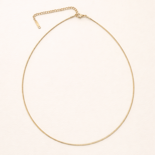 The Small Snake Charm NECKLACE laid flat, its slim gold snake chain shown with a lobster clasp and extender on a plain background.