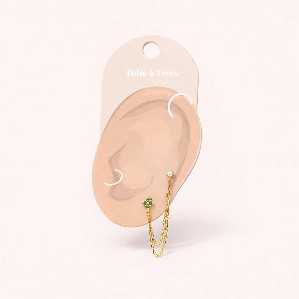 Sonoma Set displayed on a Folie a Trois ear-shaped card in gold, a green flower stud and clear stud joined by chain.