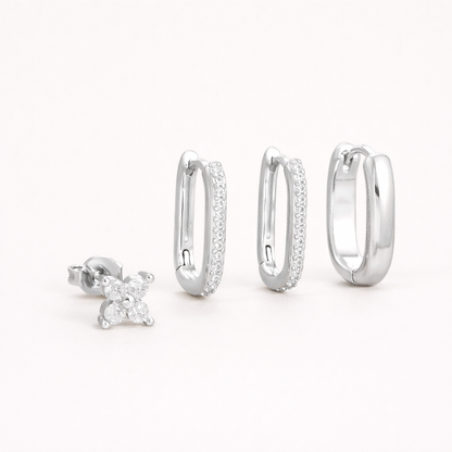 Sophia Set in silver tone, showing the clover stud and rectangular hoop trio with white crystal detailing.