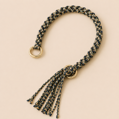Navy, olive, and tan braided Sundaze phone strap with a fringed tassel and gold ring hardware.