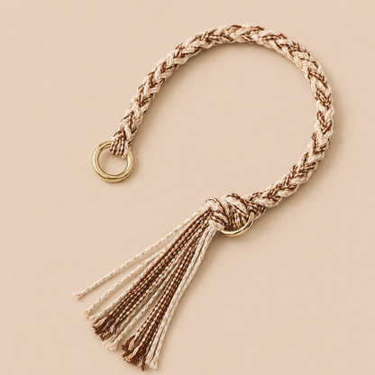 Brown and cream braided Sundaze phone strap with a fringed tassel and gold ring hardware.