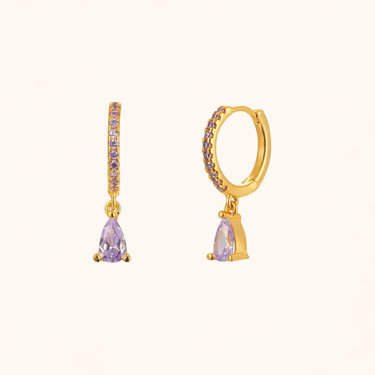 Teardrop Earrings in gold with lilac-purple crystals, a pave hoop dropping a single pear-cut crystal charm.