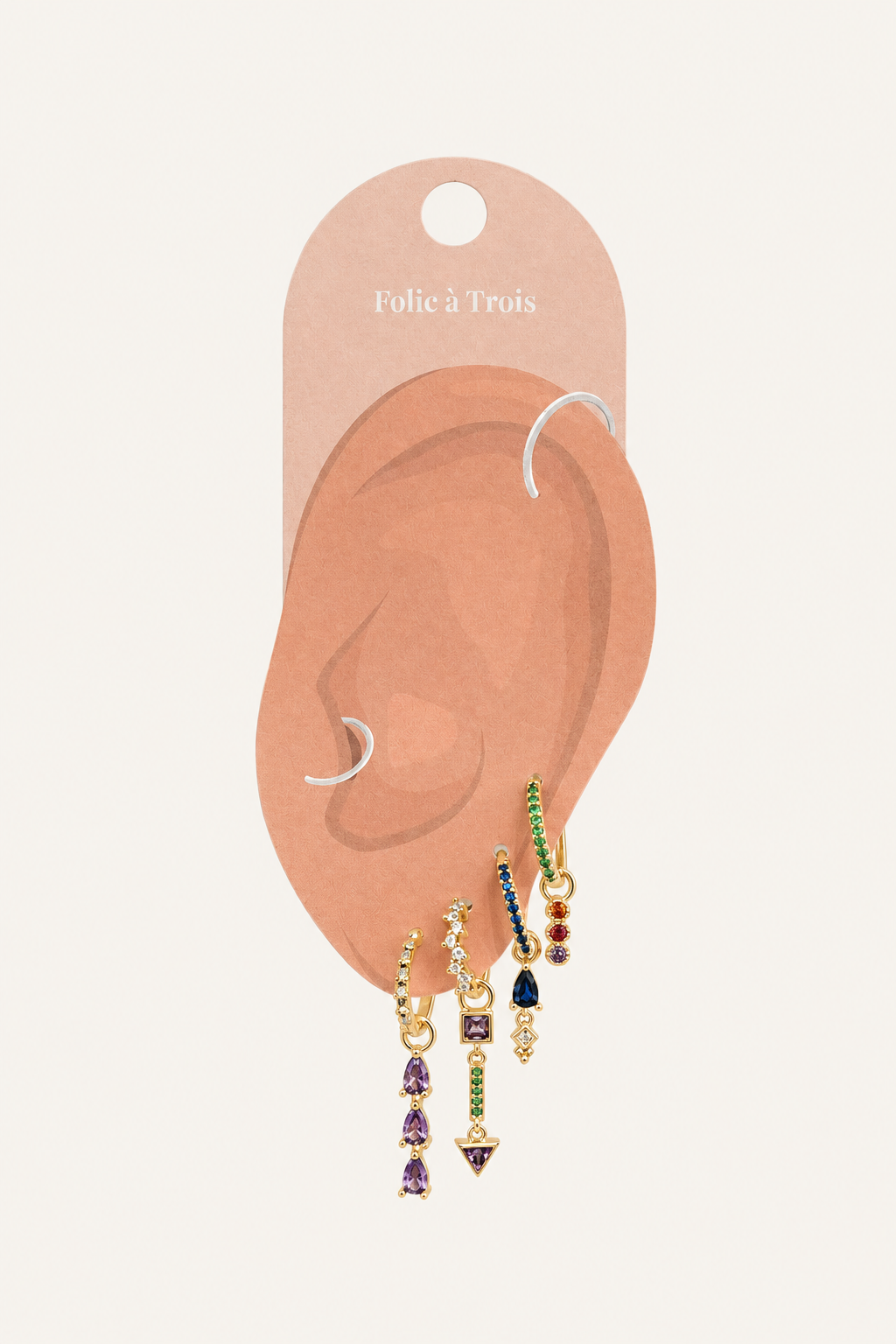 Illustrated Folie a Trois earring card showing the Tessa Set huggie hoops with colorful gemstone drop charms.