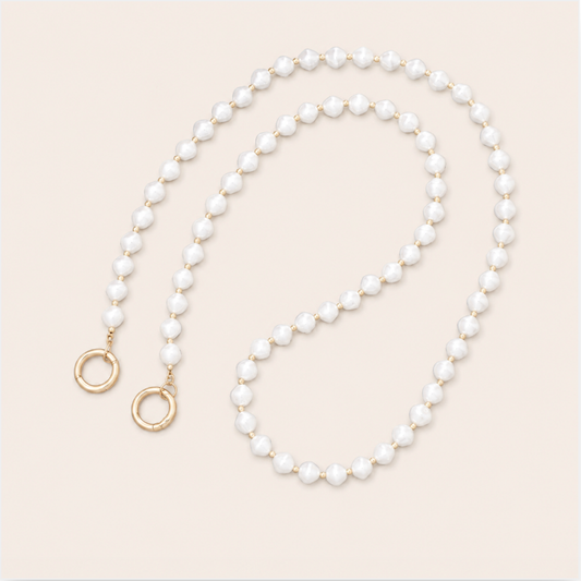 Thistle Pearl Phone Chain - round pearl bead chain, luxury packshot on beige background