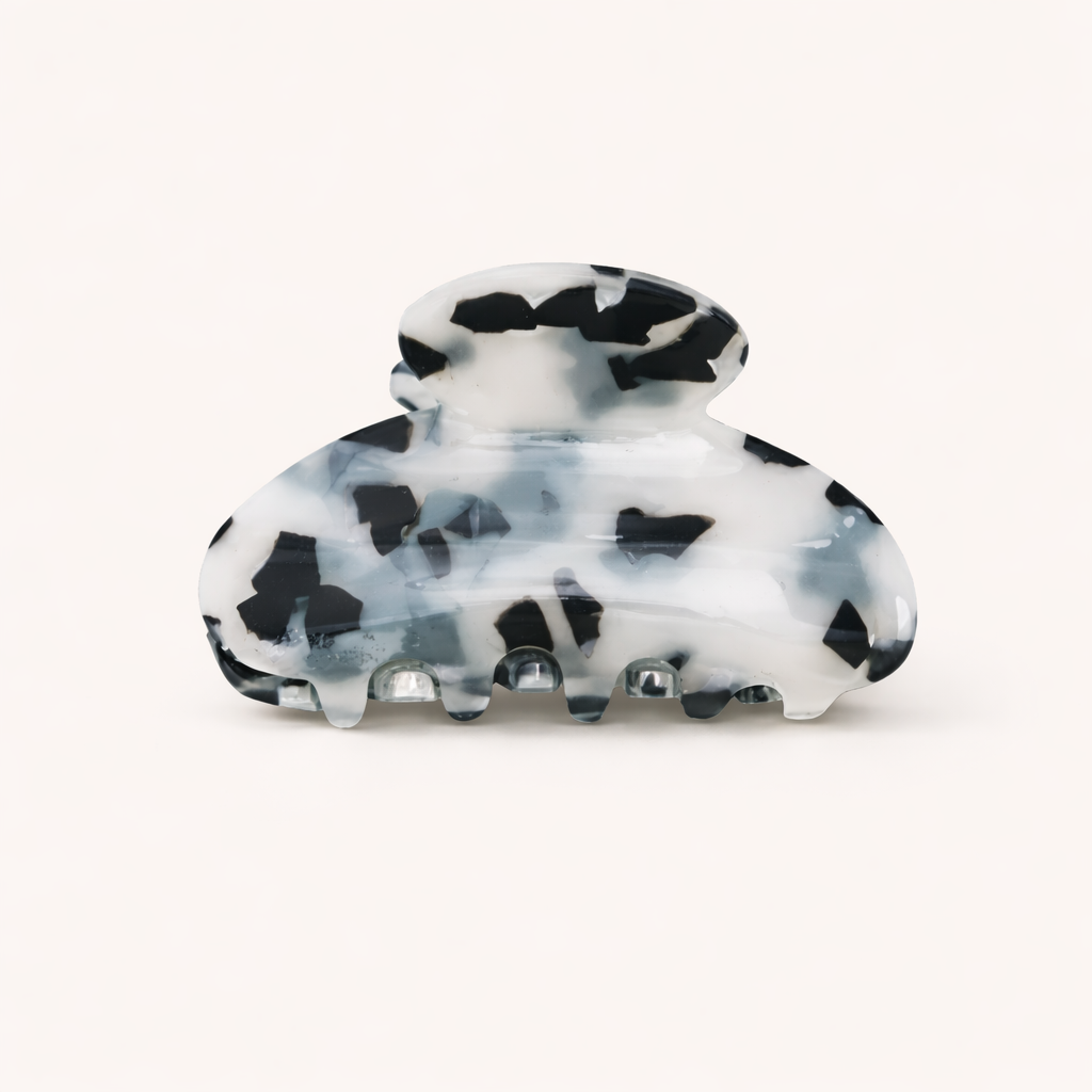A black, white and grey mottled tortoiseshell Till Sun Up HAIR CLIP shown from the front on a plain background.