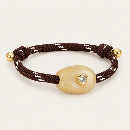 Truffle BRACELET in brown and cream: brown sailor rope cord with a cream stone, gold-set crystal and gold bead sliding ends