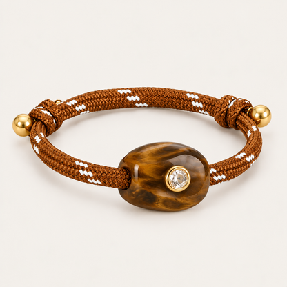 Truffle BRACELET in cognac and amber: cognac rope cord with a tiger's eye style stone and gold-set crystal, adjustable bracelet