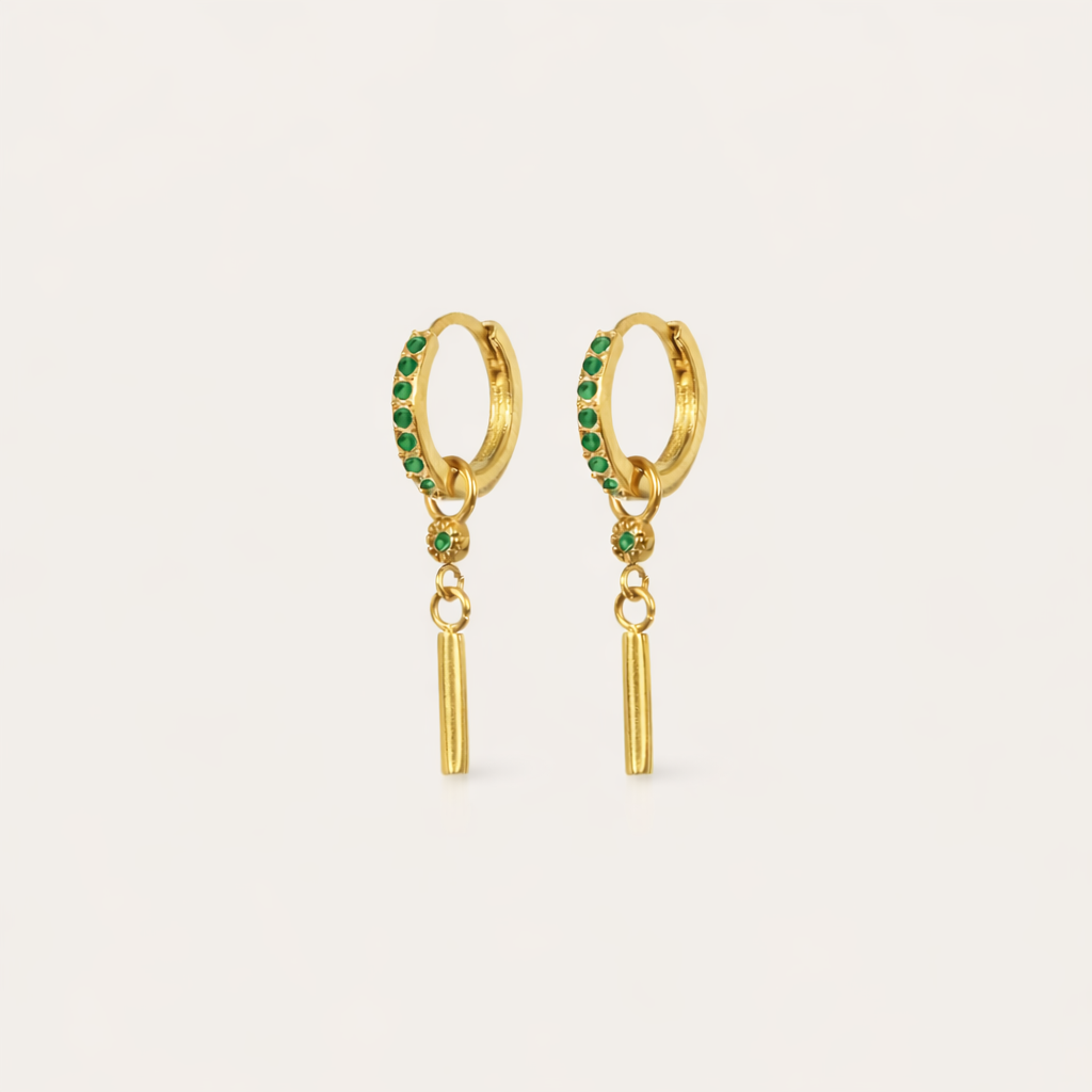 In emerald green, Vibrant Hues Earrings pair a pave hoop with a small stone and a slim gold bar charm below.