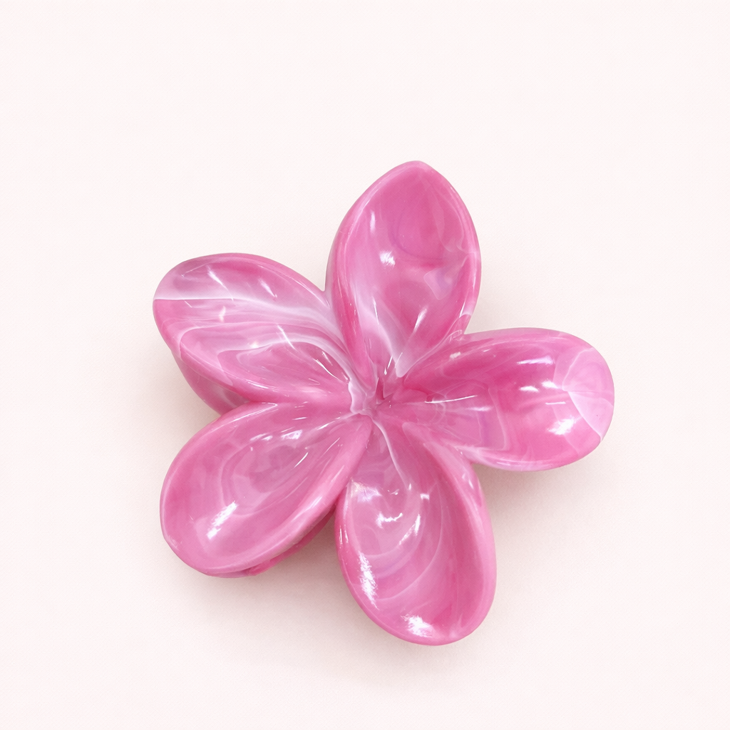 Virelle HAIR CLIP flower-shaped acetate claw clip in a rose pink marbled pattern, studio shot.