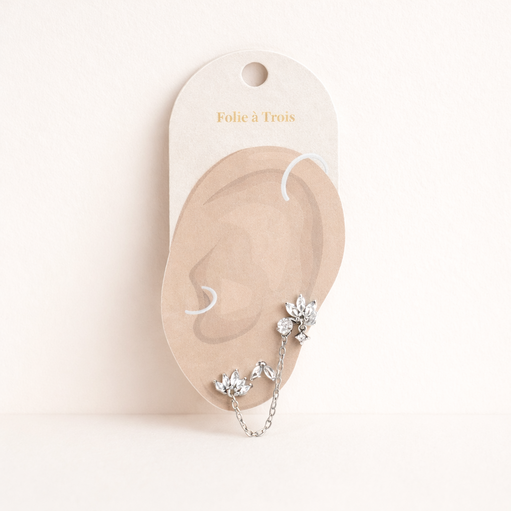 The Yvette SET is displayed on a branded card shaped like an ear, showing the silver pieces and chain placement.