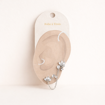 The Yvette SET is displayed on a branded card shaped like an ear, showing the silver pieces and chain placement.