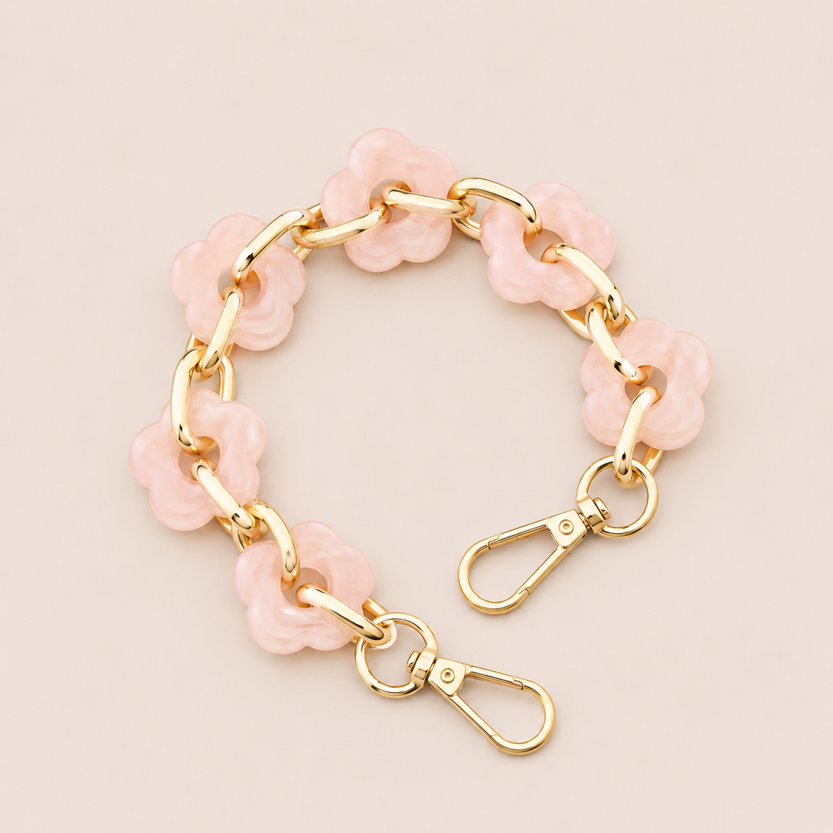 Round flower-link phone chain in blush pink acrylic with gold chain links — Folie à Trois Zinnia wholesale phone chain