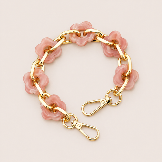 Round flower-link phone chain in dusty coral acrylic with gold chain links — Folie à Trois Zinnia wholesale phone chain