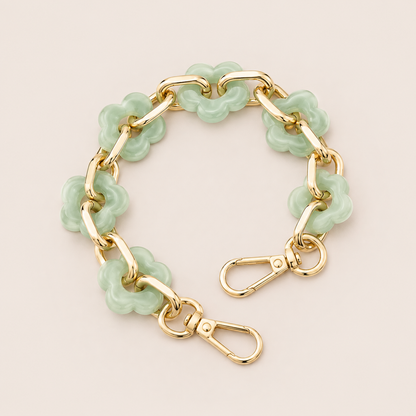 Round flower-link phone chain in sage green acrylic with gold chain links — Folie à Trois Zinnia wholesale phone chain