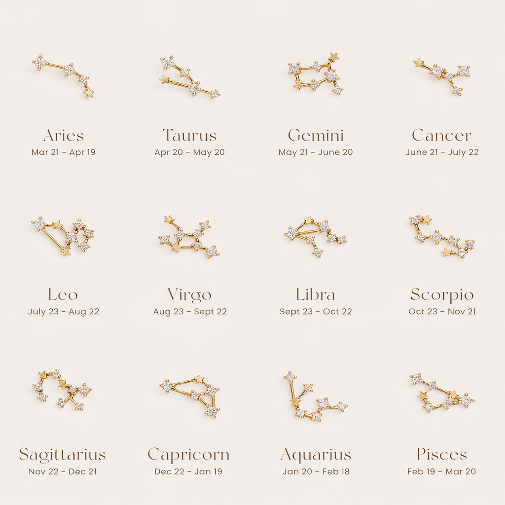 Zodiac Stud Earrings come in all twelve constellation designs, each rendered in gold with sparkling stone stars.
